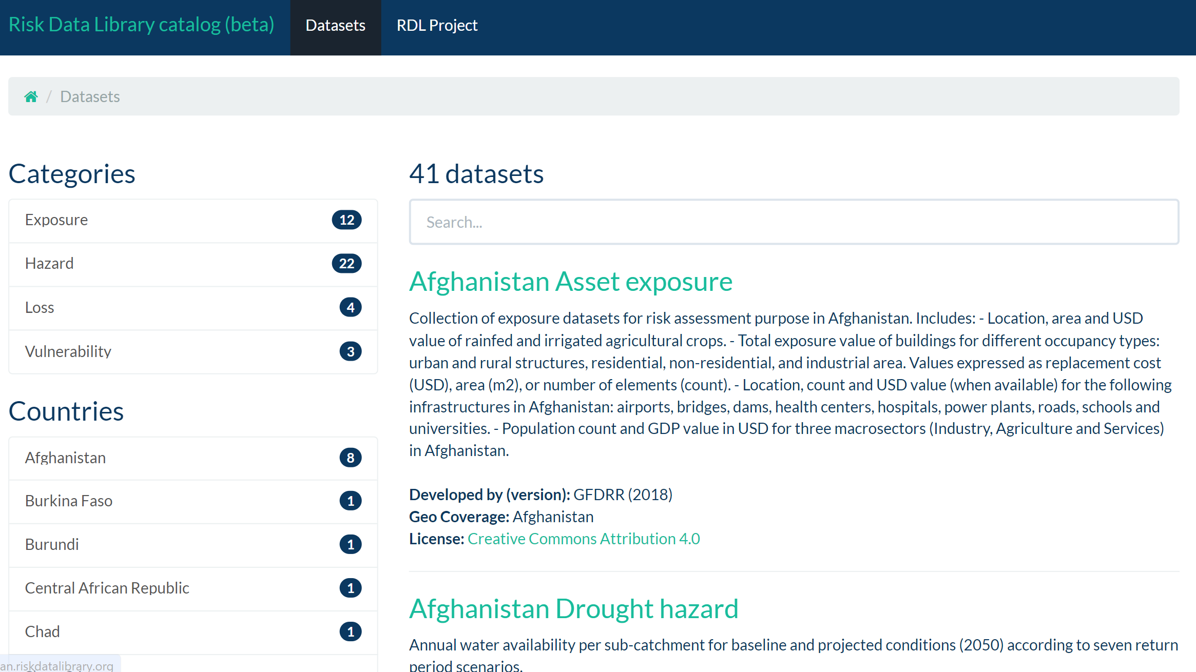 Screenshot of the Risk Data Library catalog